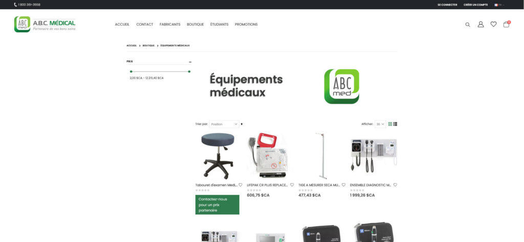 capture d'un catalogue produit abc-medical.com
